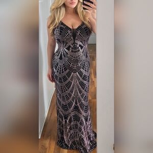 Elegant Black Evening Gown with Rose Gold Detail prom or gala betsy & adam